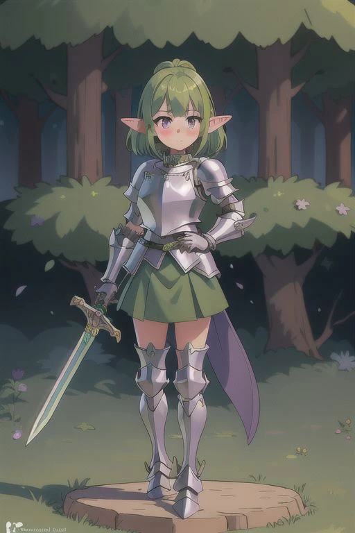 1girl, elf, pointy ears, standing, forest, blush, purple eyes, green hair, full shot, full body, (plated armor:1.3), (sword:1.1), leather gloves, skirt, looking at viewer, perfect hands, (grass:0.5)