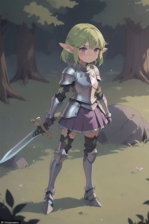 1girl, elf, pointy ears, standing, forest, blush, purple eyes, green hair, full shot, full body, (plated armor:1.3), (sword:1.1), leather gloves, skirt, looking at viewer, perfect hands, (grass:0.5)