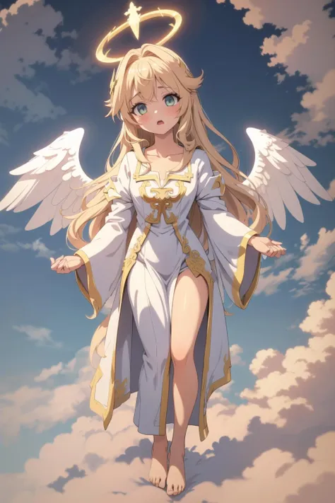 colorful, extremely detailed wallpaper,
1girl, looking at viewer,solo, <lora:PriestessV1.0:0.7> ,priestess,,praying, barefoot,
angel, (halo,ange halo), angel wings,collarbone, full body,ankle bow,flying, feathered wings,white wings,
(above clouds:1.2), Standing on clouds,(cloud:1.2),