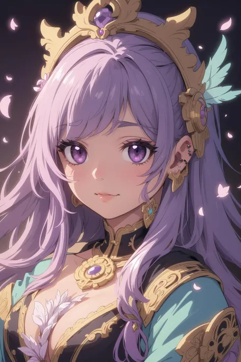 A mesmerizing digital portrait of a charismatic woman with piercing violet eyes, adorned in an ornate headdress, surrounded by vibrant blossoms and delicate feathers,
