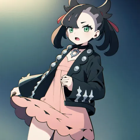 1girl, solo, masterpiece, best quality, illustration, absurdres, cute, film_grain, extremely detailed face, perfect lighting, cowboy shot, <lora:PKMN_Marnie-DEF:0.8>, marnie (pokemon), twintails, green eyes, choker, holding poke ball, open mouth, pink dress, black jacket, boots,