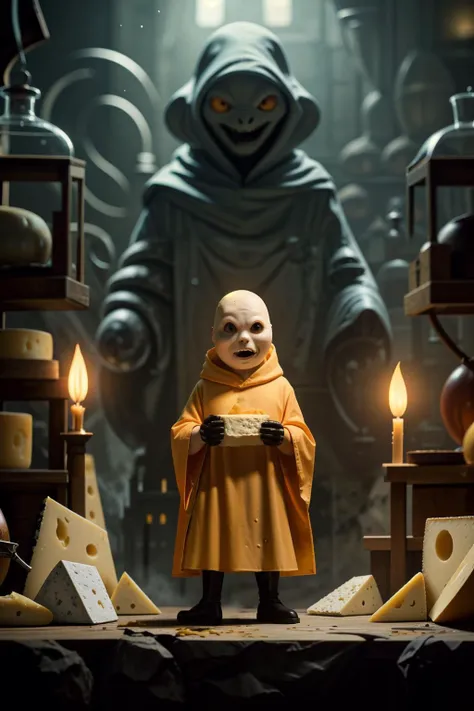 cheese-alien, cheese wizard wearing cheese robes, realistic cheese texture, summoning cheese. imposing wide view photo, magical laboratory in background, high details, natural colors, cinematic lighting, <lora:pytorch_lora_weights:1>