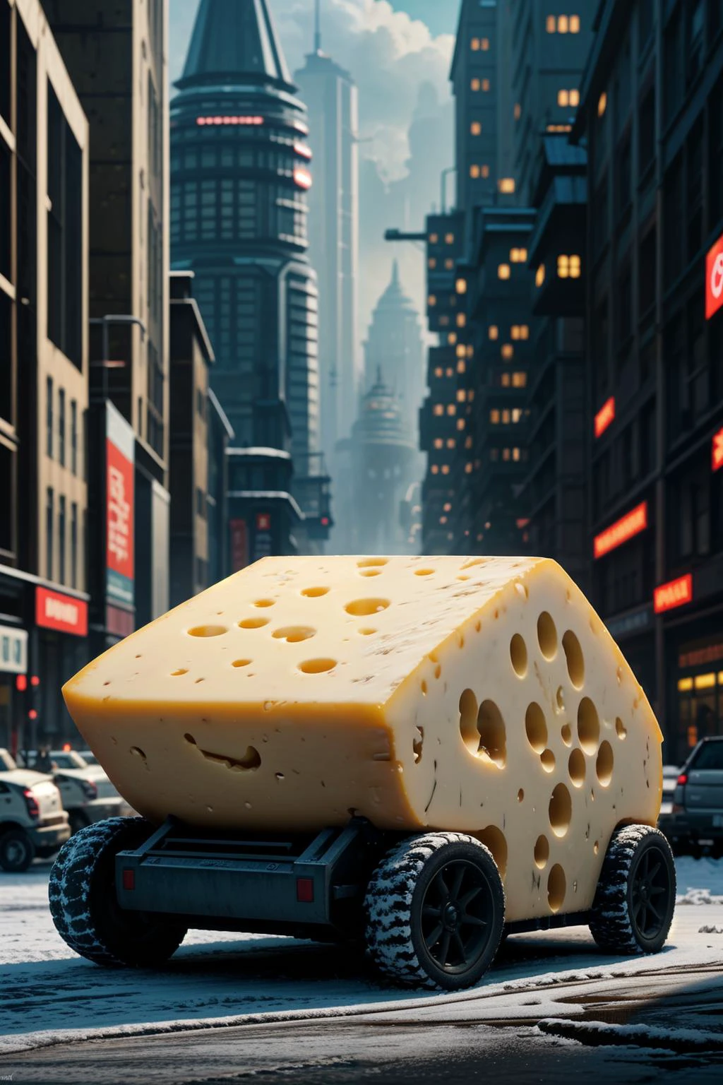 propaganda art by greg rutkowski and wadim kashin, (the cheese machine:1.2), emmental cheese tech, imposing wide view photo, urban background. <lora:pytorch_lora_weights:1>