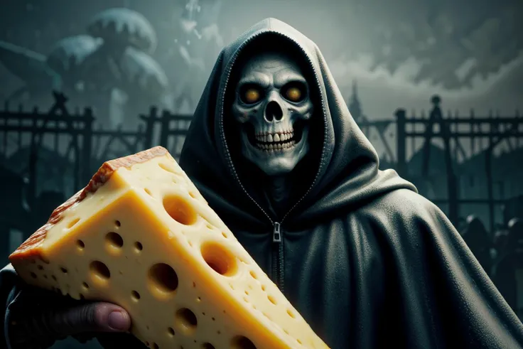 wide close up of cheesy undead wizard. wearing cheese armor. cheese brain. offering cheese and cheese products. morbid fun, raw photo, high details, busy background by stalenhag and atey ghailan and dan mumford, natural colors, realistic texture, (masterpiece, best quality:1.4), (dynamic shot), <lora:pytorch_lora_weights:1>