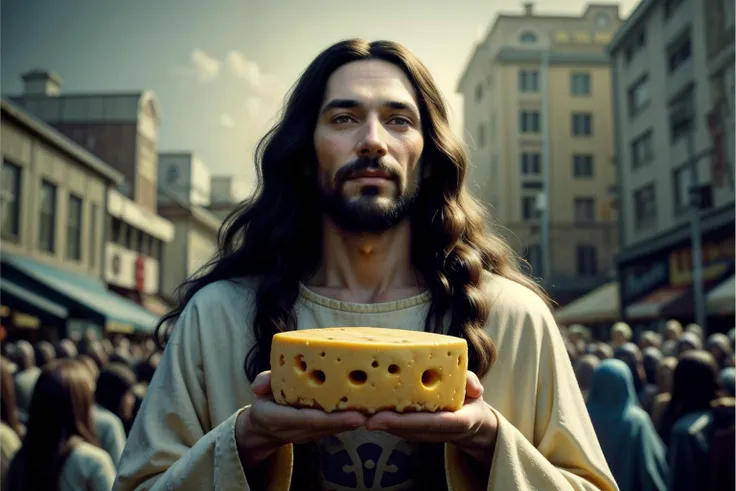 close up of cheesy hippie jesus. wearing cheese armor. offering cheese and cheese products. morbid fun, raw photo, high details, busy background by stalenhag and atey ghailan and dan mumford, natural colors, realistic texture, (masterpiece, professional quality:1.4), (dynamic shot), <lora:pytorch_lora_weights:1>