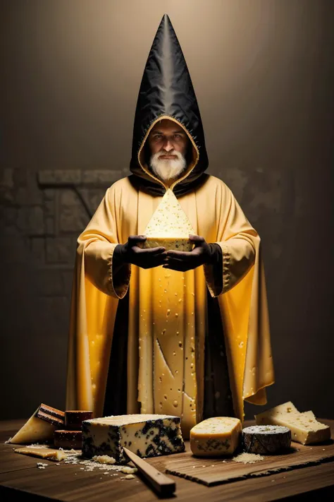 lord of cheese, cheese wizard wearing cheese robes, realistic cheese texture, summoning cheese. imposing wide view photo, parmesan forrest in background, high details, natural colors, cinematic lighting, <lora:pytorch_lora_weights:1>