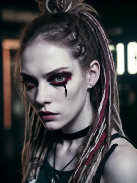 Pale woman wearing Grunge fashion, staring at viewer, perfect quality, sharp focus, shallow depth of field, 8k, flash photography, dread in eyes