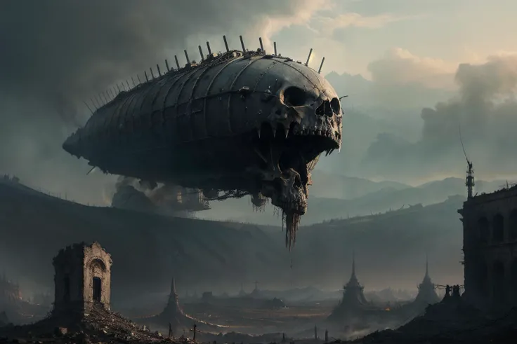 close up of undead airship over heaps of skulls. ominous shapes in sky. smoke and chains. imposing valley in background. painting by ((dariusz zawadzki)) and zdzislaw beksinski, highly detailed, natural colors, raw photo