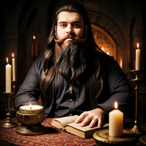 A man, big beard and long hair sitting in front of a table with magical items, candles, books with magical inscriptions, dark background.