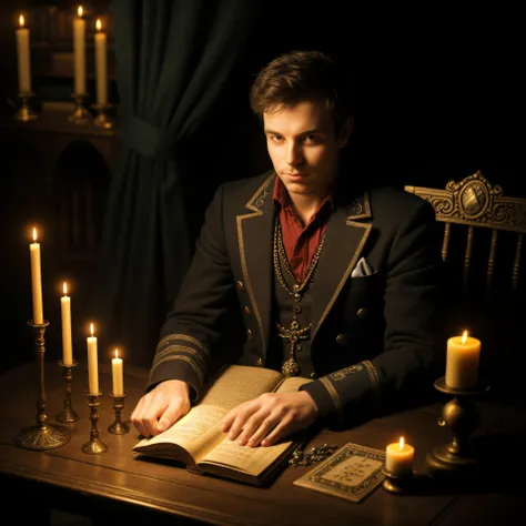 A man sitting in front of a table with magical items, candles, books with magical inscriptions, dark background.