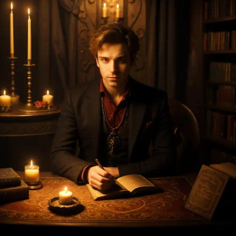 A man sitting in front of a table with magical items, candles, books with magical inscriptions, dark background.