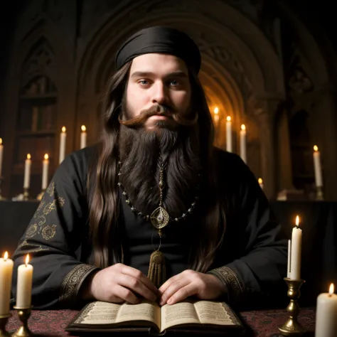 A man, big beard and long hair sitting in front of a table with magical items DruidMagicAI, candles, books with magical inscriptions, dark background.