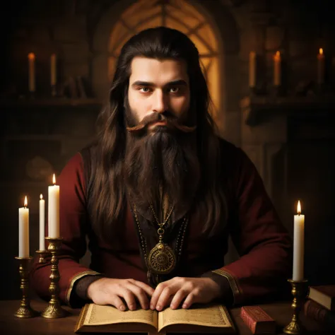 A man, big beard and long hair sitting in front of a table with magical items <lora:DruidMagicAI:1>, candles, books with magical inscriptions, dark background.