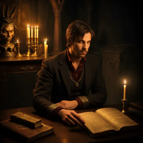 A man sitting in front of a table with magical items, candles, books with magical inscriptions, dark background.