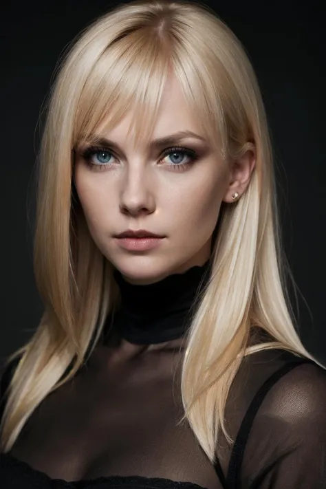 super cute blond woman in a dark theme, serious gaze at viewer, flash photography