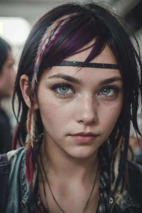 heterochromically skinned woman wearing Grunge fashion, staring at viewer, perfect quality, sharp focus, shallow depth of field, 8k, flash photography, dread in eyes, memories of turbulence