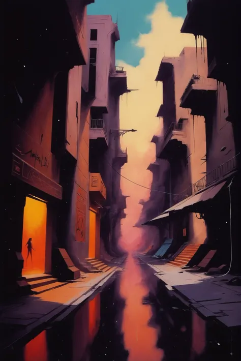 retro 1970s fantasy book cover, rough brush strokes, comic book style, Graffiti-covered alleyway in a epic,egyptian fantasy cloud megacity edge of reality, masterpiece, by Ben Mauro<lora:EnvyStarlightDarkRetro01:1.25>