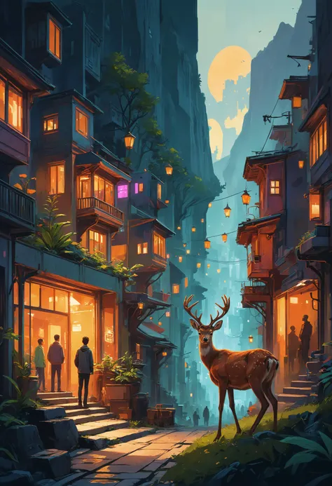 A vibrant, detailed night scene of a city seamlessly blending into the surrounding mountains. Sharp, colorful lights from futuristic buildings illuminate the lush greenery. A deer stands at the edge of the urban sprawl for scale, gazing curiously at the people working and shopping in the well-lit streets. The dramatic lighting and intricate details create a warm and cinematic atmosphere.<lora:envyStarlightScifi_v10:1> <lora:envyStarlightDark_v10:1>