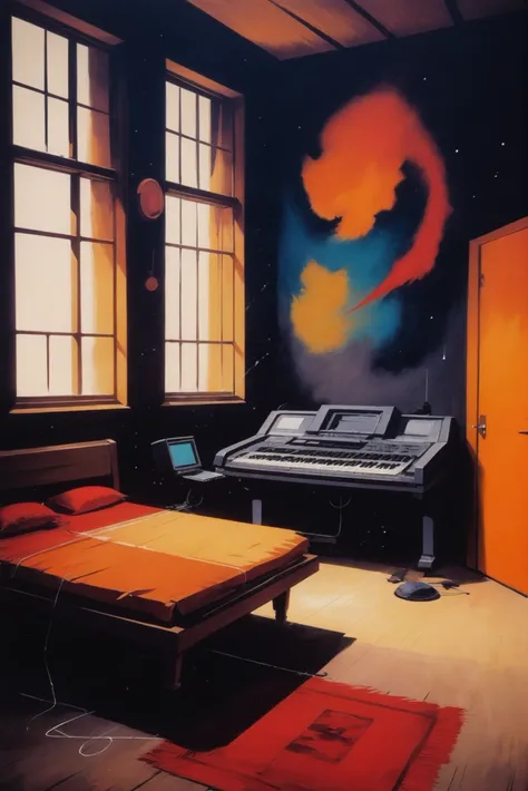 retro 1970s painting, rough brush strokes, anime style, Music Chamber \(room\) <lora:EnvyStarlightDarkRetro01:1.25>