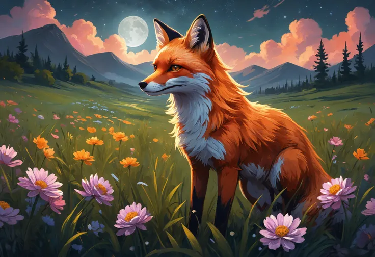 a beautiful night scene of a lush meadow filled with wildflowers, where a fox stands alert, its fur catching the light of the mo...