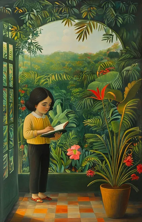 masterpiece,best quality,<lora:tbh128-sdxl:0.9>,A child is doing homework,oil painting,style of Henri Rousseau,