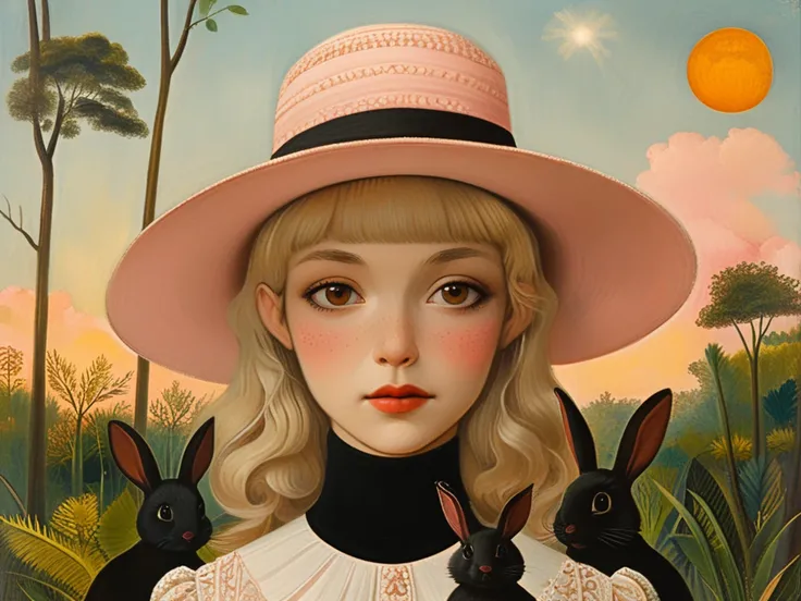 style of Henri Rousseau, blonde princess, blunt bangs, white bunny on shoulder, short dress, puffy sleeves, tan flawless skin, sun hat, black mascara, black eyeliner, blushing pink cheeks, lace collar, glossy black lipstick, golden hour, captivating angle, interesting and unique
<lora:tbh128-sdxl:1>