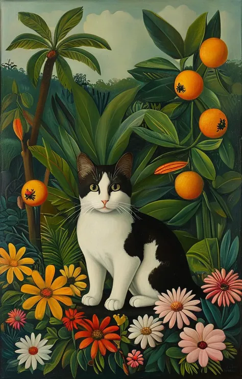 masterpiece,best quality,<lora:tbh128-sdxl:0.9>,cat with Cockatiel ,oil painting,style of Henri Rousseau,
