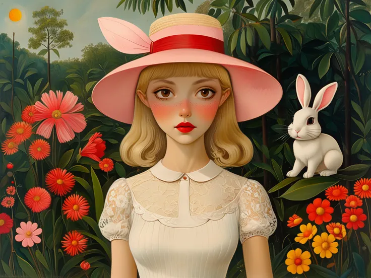 style of Henri Rousseau, blonde waifu, long legs, platform high heels, blunt bangs, delicate feminine features, narrow shoulder, big eyes, white bunny on shoulder, short dress, puffy sleeves, tan flawless skin, sun hat, black mascara, black eyeliner, blushing pink cheeks, lace collar, glossy red lipstick, golden hour, captivating angle, interesting and unique
<lora:tbh128-sdxl:1>