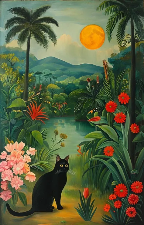 masterpiece,best quality,<lora:tbh128-sdxl:0.9>,cat with Cockatiel ,oil painting,style of Henri Rousseau,