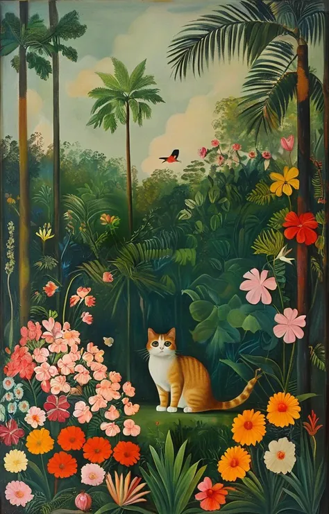 masterpiece,best quality,<lora:tbh128-sdxl:0.9>,cat with Cockatiel ,oil painting,style of Henri Rousseau,