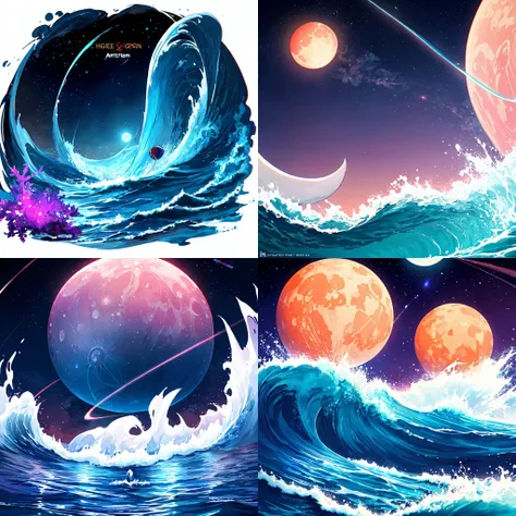 smooth rolling waves of (blue ocean) on alien planet, beautiful transparent water, night, gigantic fish jumps from the waves, blotches of irridescent plankton in water, glittering shiny water spray, background is deep purple sky dotted with stars, unknown constellations in the sky, (A multiple bright moons and planets in the sky:1.5), glowing horizon, fascinating view, masterpiece, best quality, detailed 4k wallpaper, award winning art, Bokeh, Depth of Field, HDR, bloom, Chromatic Aberration, extremely detailed, trending on artstation, trending on CGsociety, dramatic