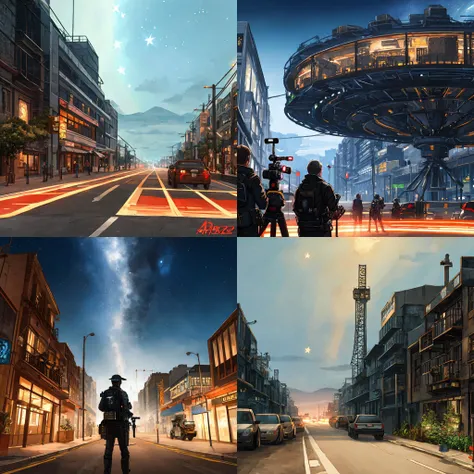 8k,masterpiece, filming, best quality, science fiction, future style \(module\),steampunk, landscape,Mysterious and Steel Cold,
crowding street, stars sky,a big plant, small aerobats, and universe in the sky, empty,