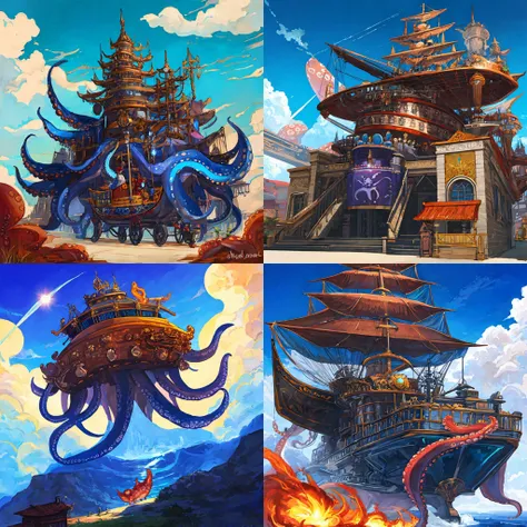 octopus king and metal spaceship,sky,