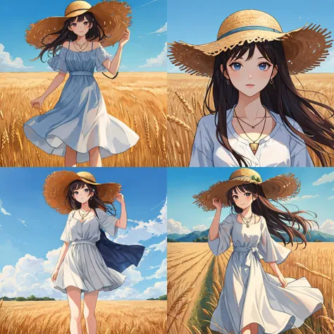 (masterpiece),(best quality:1.0), (ultra highres:1.0), detailed illustration, portrait, detailed,1girl standing in wheat field,full body, straw hat, hat ornament, wind, blue sky, necklace,looking at viewer, (foreground, wheat), <lora:japanesedolllikenessV1_v15:1>