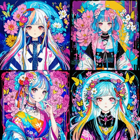 Ambilight, masterpiece, ultra-high quality,( ultra detailed original illustration),( 1girl, upper body),(( harajuku fashion)),(( flowers with human eyes, flower eyes)), double exposure, fussion of fluid abstract art, glitch,( 2d),( original illustration composition),( fusion of limited color, maximalism artstyle, geometric artstyle, butterflies, junk art)