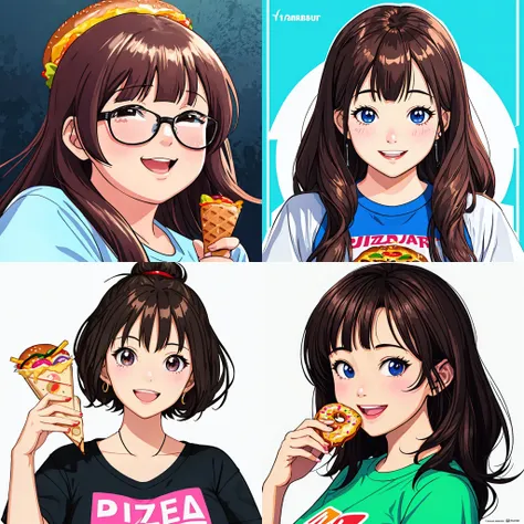 joyful, cheerful, smiling, ([fat|chubby]:1.4), Portrait 3D [fat|chubby] anime girl, pizza, hamburgers, ice cream, chocolates, doughnut splashes in background, t shirt design, focused on girl, highly detailed, photorealistic, cinema 4D, symmetrical centered, sharp detailed, vector art, illustration, by Hayao Miyazaki, (best quality), (masterpiece:1.2), 4k ,(ultra detailed:1.2)