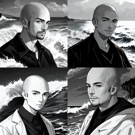 b&w photo of 42 y.o man in black clothes, bald, face, half body, body, high detailed skin, skin pores, coastline, overcast weather, wind, waves, 8k uhd, dslr, soft lighting, high quality, film grain, Fujifilm XT3