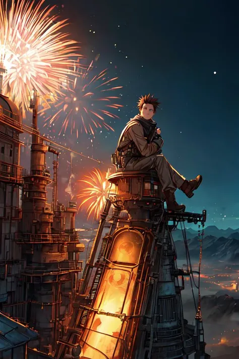 midnight,landscape,wasteland,firework,a machinery boy,sitting on the high mountain cliff, looking faraway,steampunk,Ghibli,
abstract dream, space, intricate, grand scale, alone, cinematic film still, insane detail, sharp focus, depth of field, realistic lighting, (realistic perspective), complex, (multiple subjects), 4k HDR,<lora:add_detail:0.5>,<lora:more_details:0.25>,<lora:20230530123038:0.25>,