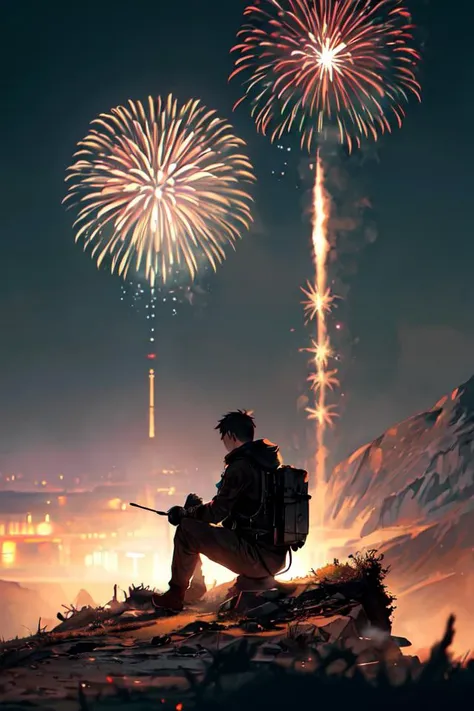 midnight,landscape,wasteland,firework,a machinery boy,sitting on the high mountain cliff, looking faraway,steampunk,Ghibli,
abstract dream, space, intricate, grand scale, alone, cinematic film still, insane detail, sharp focus, depth of field, realistic lighting, (realistic perspective), complex, (multiple subjects), 4k HDR,<lora:add_detail:0.5>,<lora:more_details:0.25>,<lora:20230530123038:0.25>,