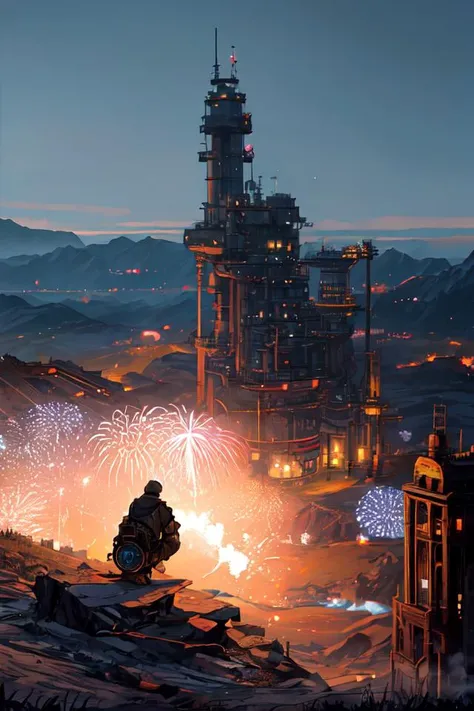 midnight,landscape,wasteland,firework,a machinery boy,sitting on the high mountain cliff, looking faraway,steampunk,Ghibli,
abstract dream, space, intricate, grand scale, alone, cinematic film still, insane detail, sharp focus, depth of field, realistic lighting, (realistic perspective), complex, (multiple subjects), 4k HDR,<lora:add_detail:0.5>,<lora:more_details:0.25>,<lora:20230530123038:0.25>,