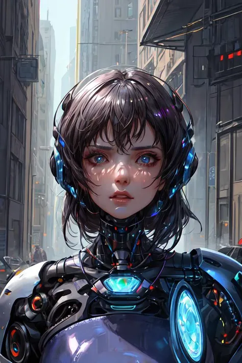 a woman with a robot head and many wires on her head, cyborg - girl, by Kanō Naizen, hajime sorayama designed girl, anime robotic mixed with organic, portrait of a mechanical girl, art of katsuhiro otomo, cyborg girl, artist katsuhiro otomo, by Masamune Shirow, mechanical Cyborg, Science Fiction, Cities, Rendered in Octane, hyper realistic, 8k, epic composition, cinematic, octane render, artstation landscape vista photography,Hiroshi Yoshida,moody lighting rendered by octane engine,characters 8K symmetrical arstation, cape,cinematic lighting, intricate details, 8k detail post processing, hyperealistic,ar 2:3 Reality Reality --auto --v6 --s2