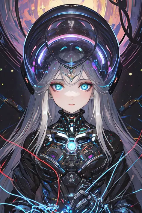 female robot pilot, mechanical creature, electronic wires relays computer nerves, girl face, dystopian surrealism, alex ries zdzisaw beksinski giger, very intricate details, demon chinese female, deep luminous eyes contain galaxies, head contains nebula, deep aesthetic, concept art, carved silver circuits diodes resistors semiconductors, highly ornate