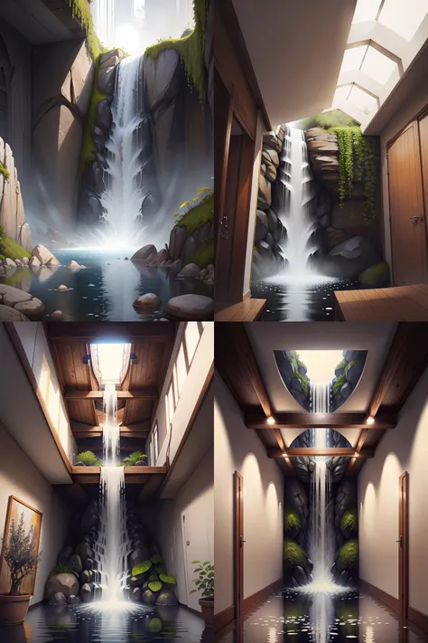 waterfall, indoor liminal space,