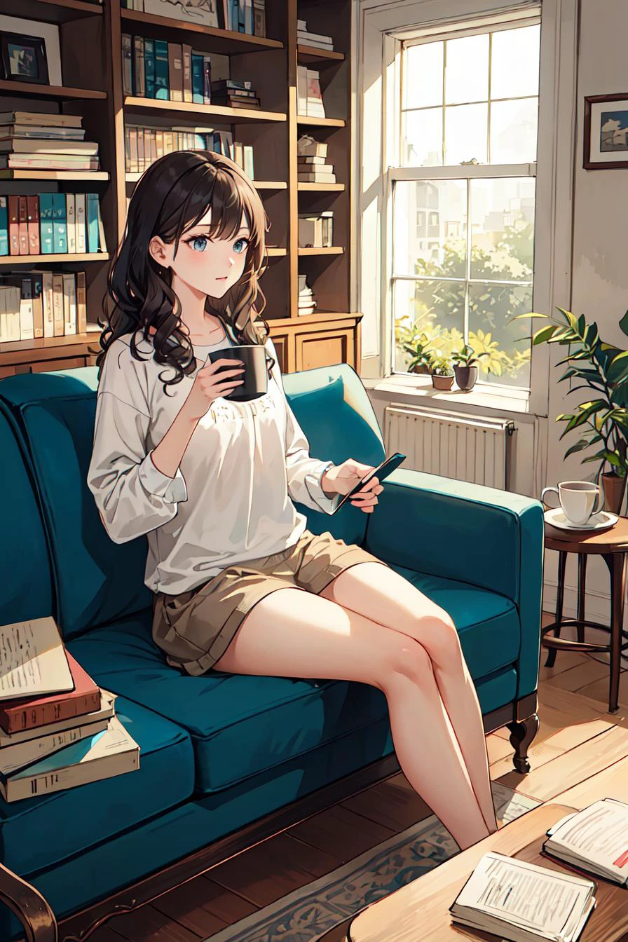 Nardack,In a spacious living room with large windows, a girl with curly brown hair sits on a comfortable couch, surrounded by books and with a cup of tea in her hand, lost in thought.