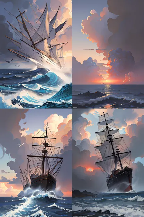 ship from one piece sailing, dynamic sky, storm sky, with light piercing through stormy clouds, birds near the ship, rough sea, crepuscular rays, volumetric lighting, pixiv art, cgsociety, highly detailed, anime art, greg rutkowski, symmetrical, artgerm, wlop, anime art