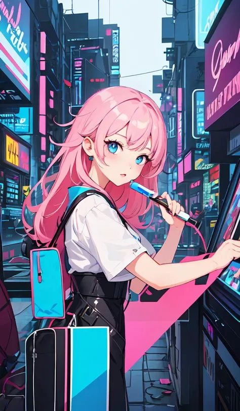 material design minimalist logo for an online store that sells art by elokitty. cute cyberpunk kawaii aesthetic. vector art illustration, girl, made with illustrator, trending on artstation hq, deviantart, vibrant colors, digital art, logotype, 8 k post - processing, smooth, clear lines, sharp focus, winning award masterpiece