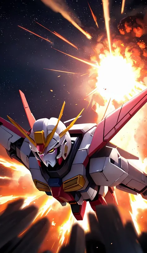 a matte cute pink gundam, (flying away from an explosion:1.4), cinematic lens flare, bloom, dynamic lighting, massive fireball, 4k vfx,abstract dream, space, intricate, grand scale, alone, cinematic film still, insane detail, sharp focus, depth of field, realistic lighting, (realistic perspective), complex, (multiple subjects), 4k HDR,