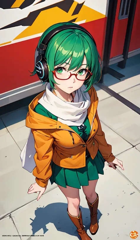 anime is an 1 8 - - old l with short green hair and green eyes, dressed in a green top, an orange short jacket with white sleeves, a green skirt with lace in the center on the straps, orange boots and glasses and headphones on her head, a white scarf with a red insert on her neck, anime style, yuuki masami style, elegant, highly detailed, digital painting, artstation, concept art, smooth, sharp focus, illustration, art by yuuki masami
