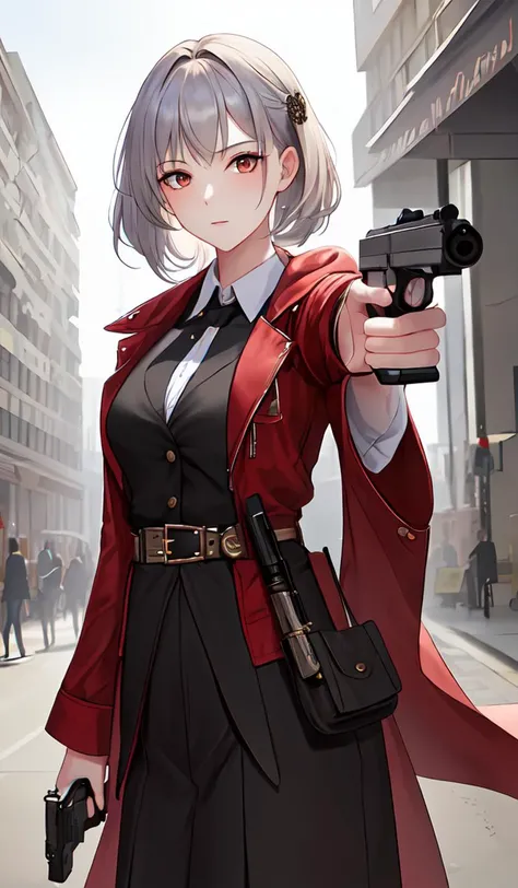 masterpiece, high res,1girl, RozalinD2, standing, ((holding a handgun at viewer, aiming at viewer)), looking at viewer,