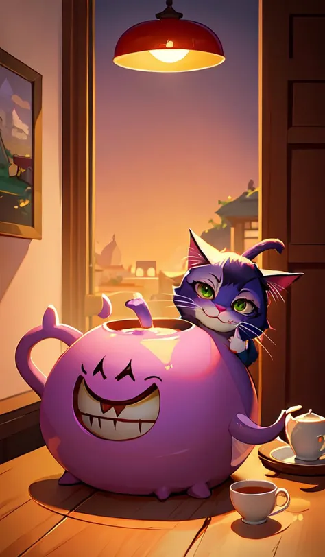 cheshire cat drinking tea, in the style of atey ghailan and james gilleard, exquisite lighting, art, very coherent, trending on artstation